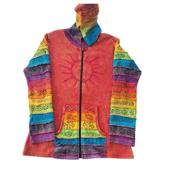 Greater Good Hoodie Batik Print Patchwork Zip Up Rainbow Multi Women's Size 1X - Picture 1 of 4